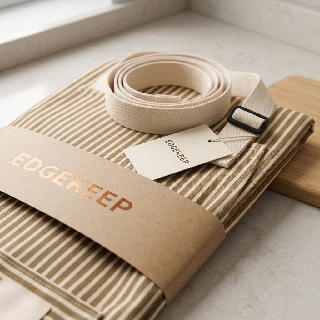 Close-up of the folded striped apron with its Edgekeep band, hang tag and adjustable cream strap