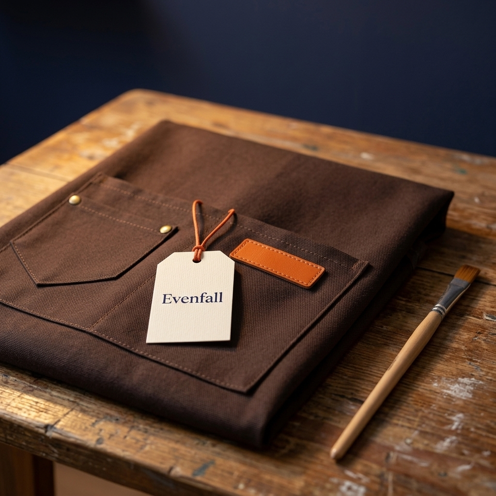 Close up of the Evenfall canvas artist apron folded on a worn artist table with its front pocket, orange tab and Evenfall hang tag