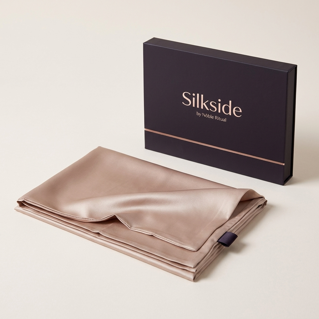 A folded champagne mulberry silk pillowcase with its envelope end open, beside a Silkside by Nôble Ritual box