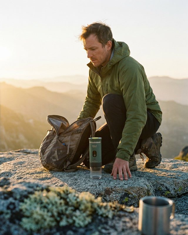 Man in a green hooded jacket crouching on a lichen-covered rock ledge at sunrise beside an open backpack, a green Brulé espresso maker standing next to him