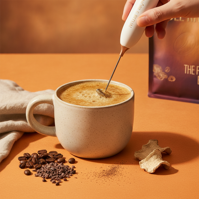 Frothing wand creating foam in a cup of coffee.