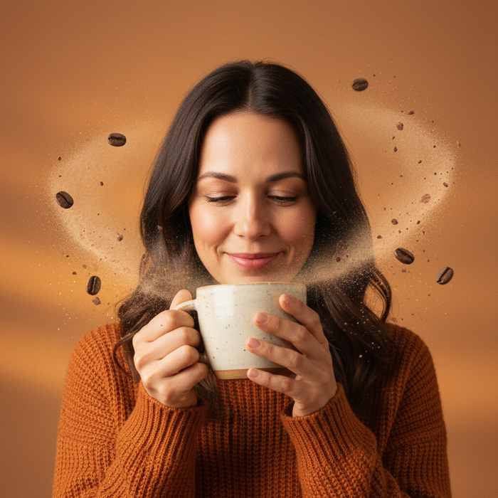 A woman on a sofa drinking coffee, the blend bag on the table.
