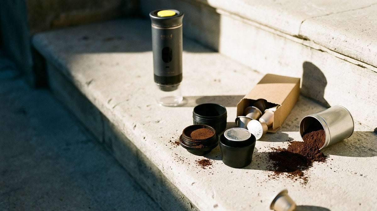 Brulé espresso maker with ground coffee and capsule holders, capsules and coffee grounds laid out around it