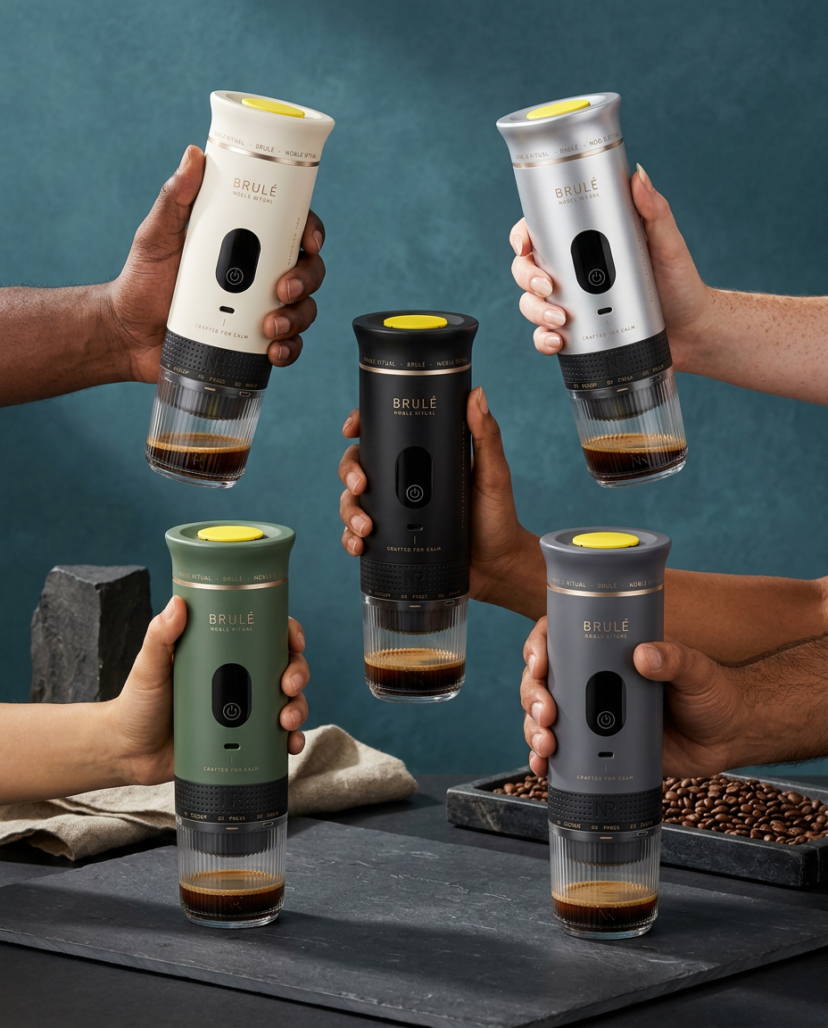 The Brulé in all five colours, held in hand: Vanilla Crema, Sage Foam, Espresso Noir, Pearl Mist and Graphite Roast