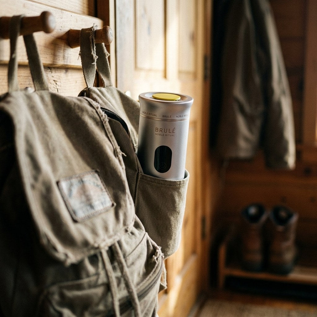 Silver Brulé espresso maker standing in the open side pocket of a worn canvas daypack hanging on a wooden peg by a cabin door