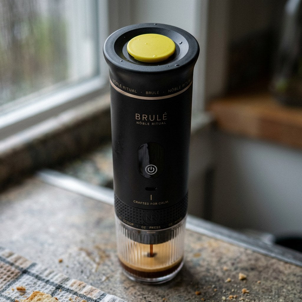 Black Brulé brewing into its ribbed cup on a granite counter by a rainy window