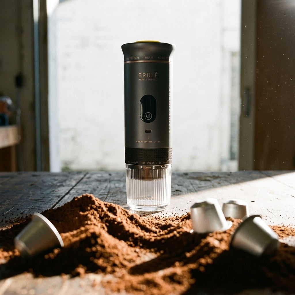 Grey Brulé behind a mountain of ground coffee and capsules in a sunlit doorway