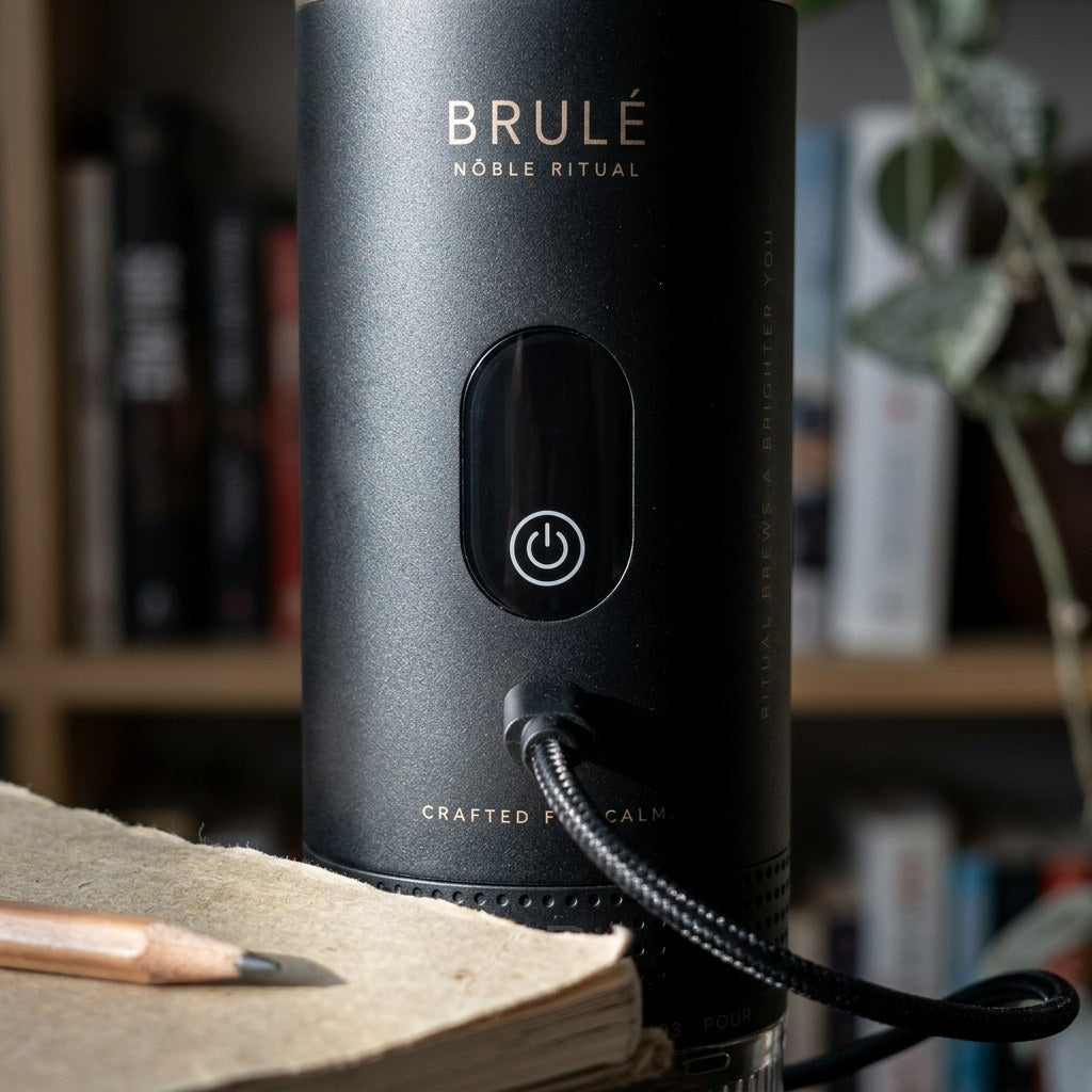 Black Brulé espresso maker with its single yellow button on top and the USB-C charging port just below the display