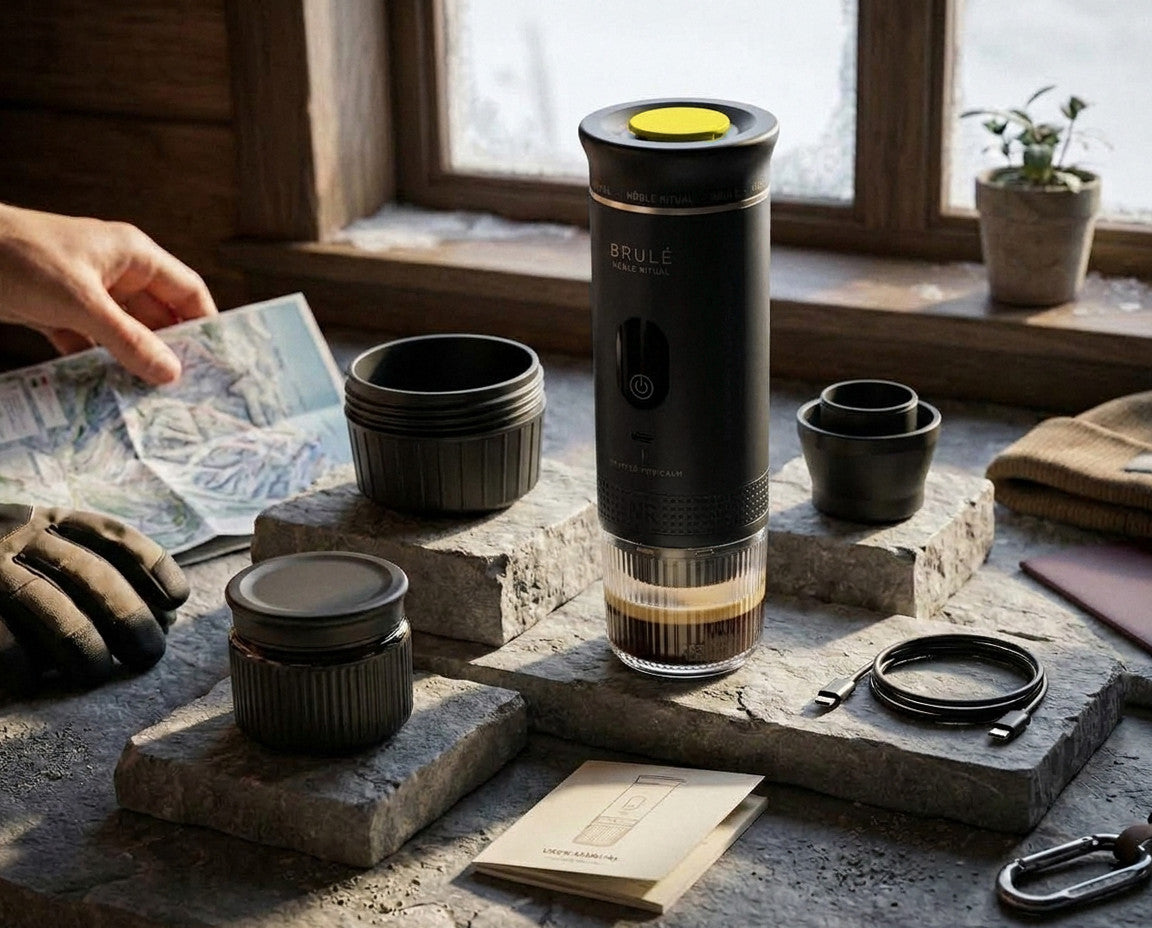 Brulé and its included parts on a slate ledge by a snowy window, with a trail map, glove, beanie and passport