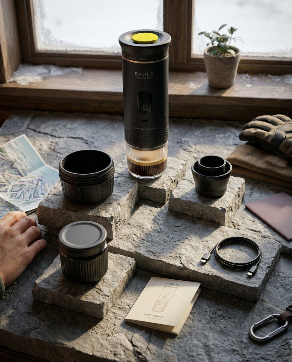 Brulé and its included parts on a slate ledge by a snowy window, with a trail map, glove, beanie and passport