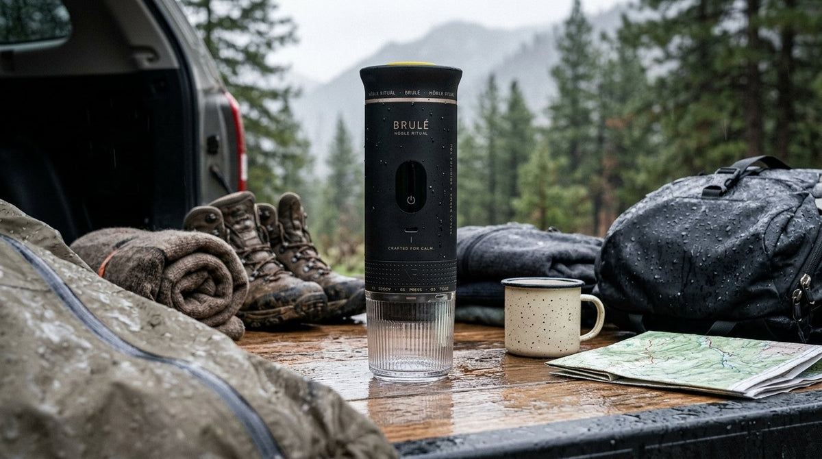 Black Brulé espresso maker on a rain-speckled tailgate beside muddy boots, a wet pack and an enamel mug