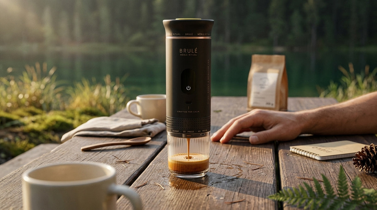 Espresso with crema flowing from the base of the Brulé into its clear ribbed cup on a wooden table by a lake