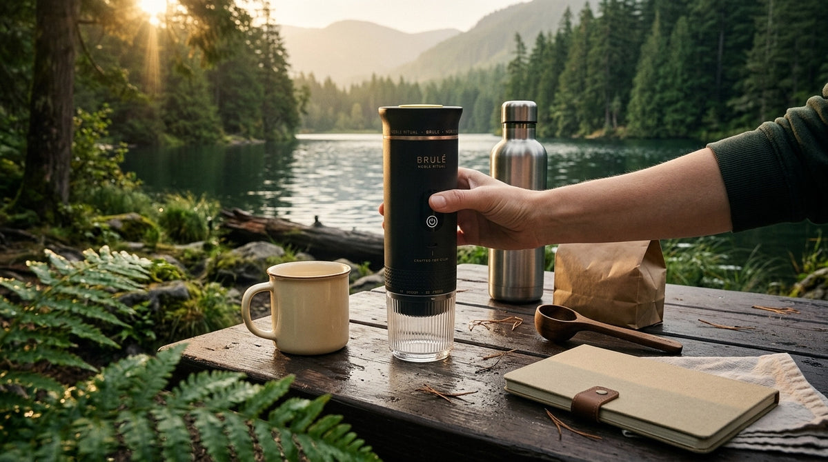 A hand steadying the Brulé on a lakeside picnic table beside a mug, a water bottle, a coffee bag and a scoop of grounds