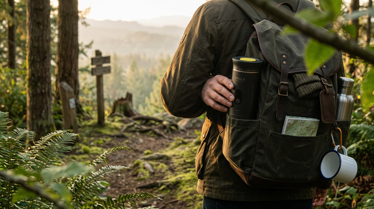The Brulé riding in the side pocket of a green canvas daypack on a forest trail, a hand resting around it