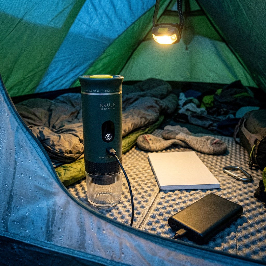 Sage Brulé charging from a power bank in a tent, headlamp glowing