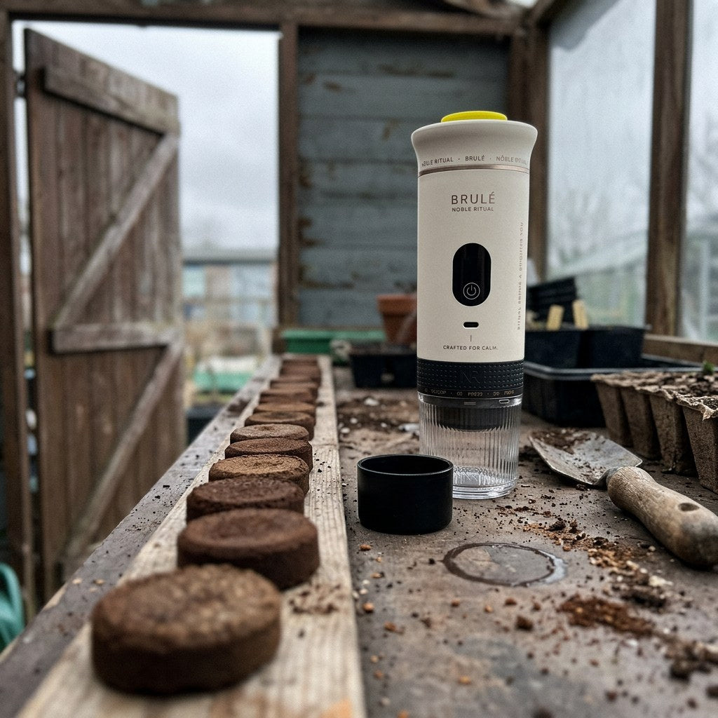 Cream Brulé on a potting bench beside a row of used coffee pucks