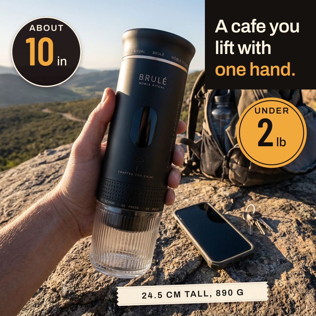 The Brulé held in one hand on a mountain rock, about 10 inches tall and under 2 pounds. A cafe you lift with one hand.