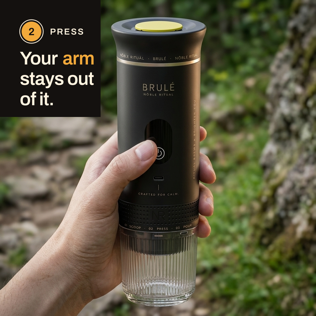 Step 2, press: one hand holds the Brulé outdoors and presses the front button. Your arm stays out of it.