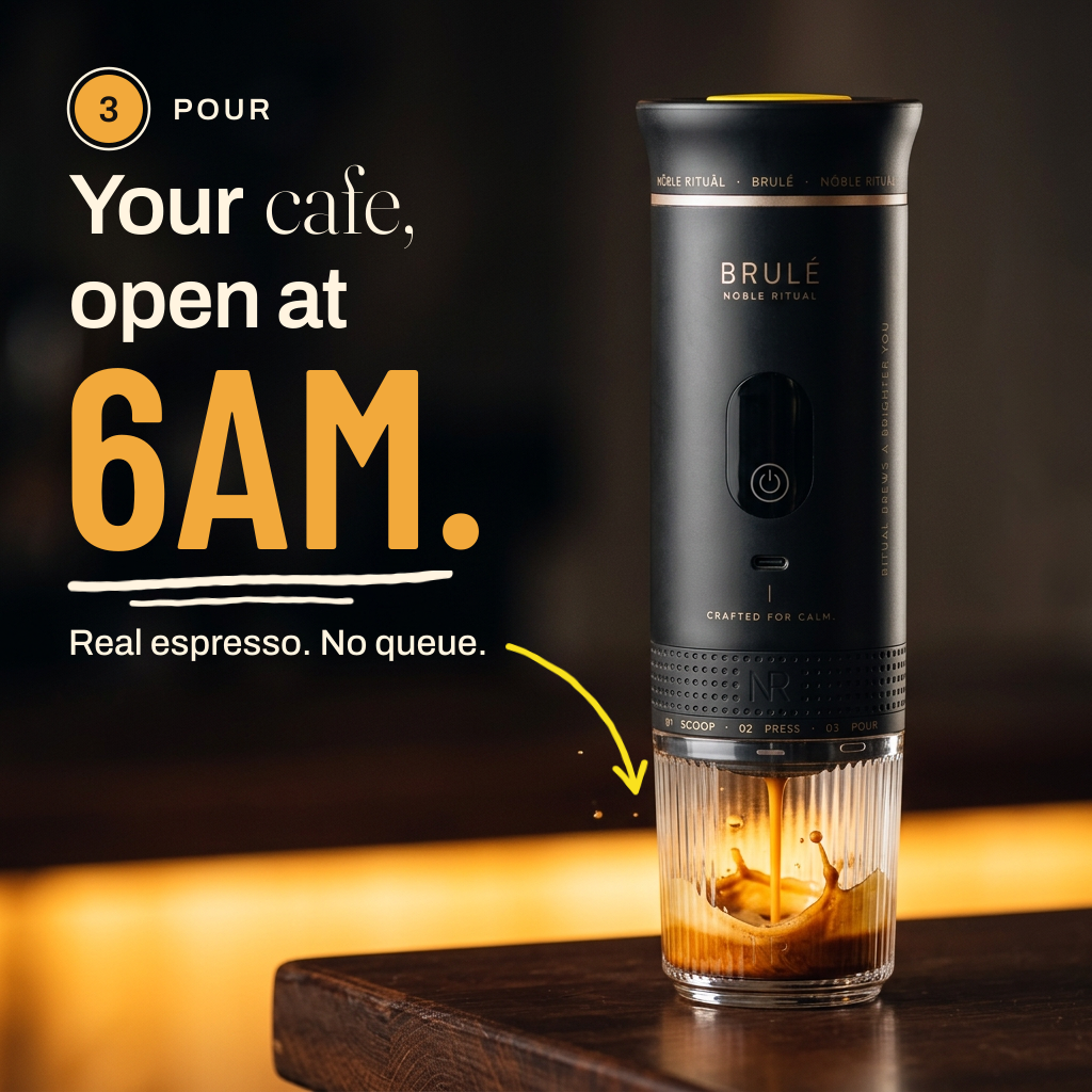 Step 3, pour: espresso pours into the glass of the Brulé on a wooden table. Your cafe, open at 6AM.