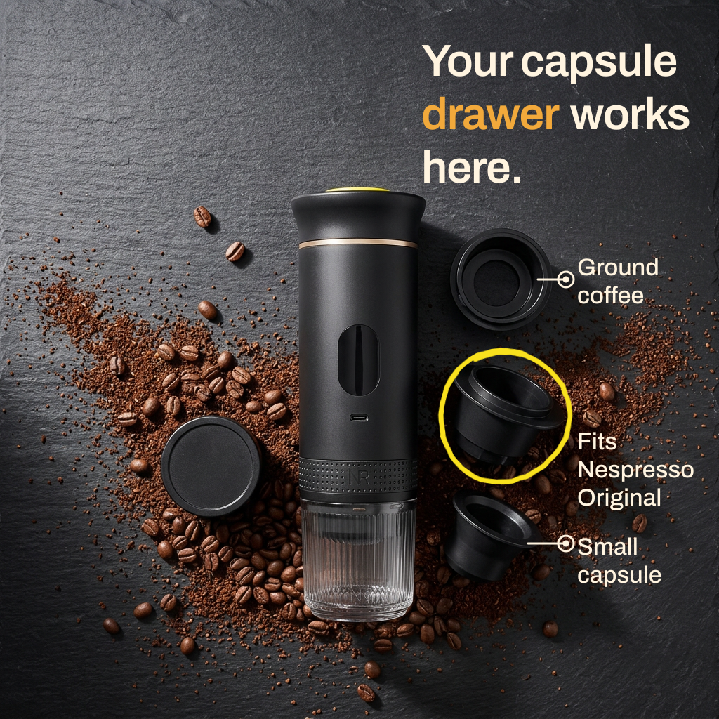 The Brulé with its three holders laid out on dark slate: ground coffee, Nespresso Original size and small capsule. Your capsule drawer works here.
