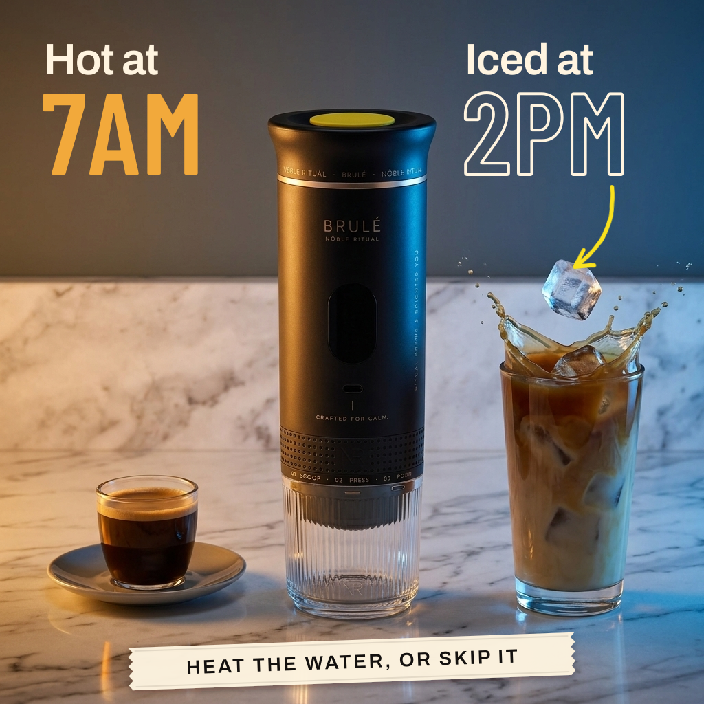The Brulé between a hot espresso at 7AM and an iced coffee at 2PM. Heat the water, or skip it.