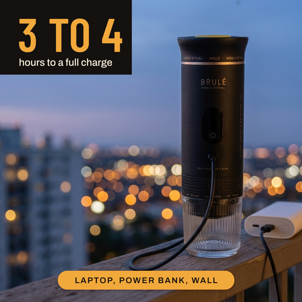 The Brulé charging from a power bank on a balcony above city lights. 3 to 4 hours to a full charge from a laptop, power bank or wall.