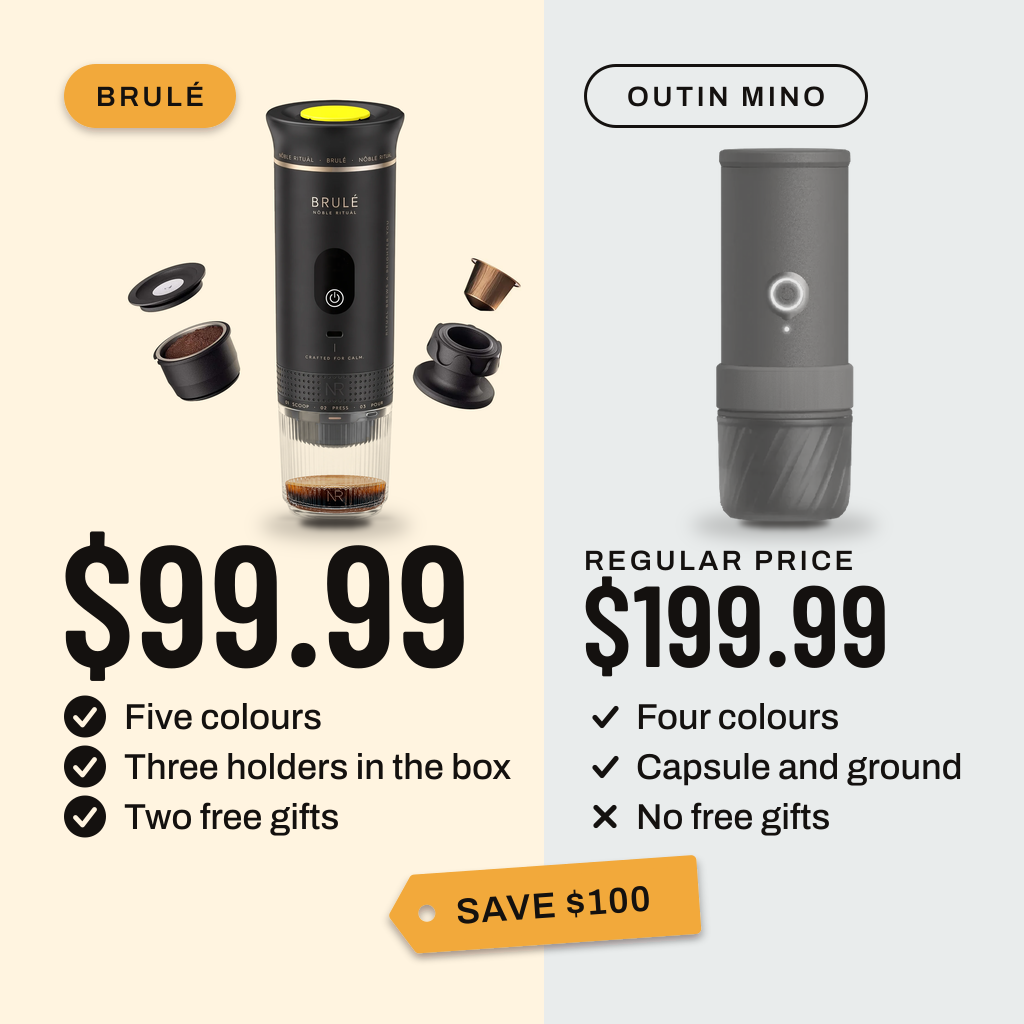 The Brulé compared with the OutIn Mino. Brulé: $99.99, save $100 against the $199.99 regular price, five colours, three holders in the box, two free gifts. OutIn Mino: four colours, capsule and ground, no free gifts.