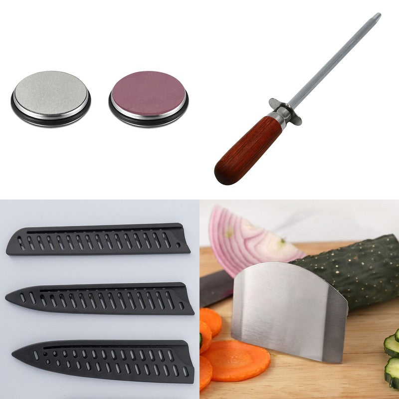 The Complete Edge Kit: finishing disc pair, honing rod, three edge covers and a finger guard