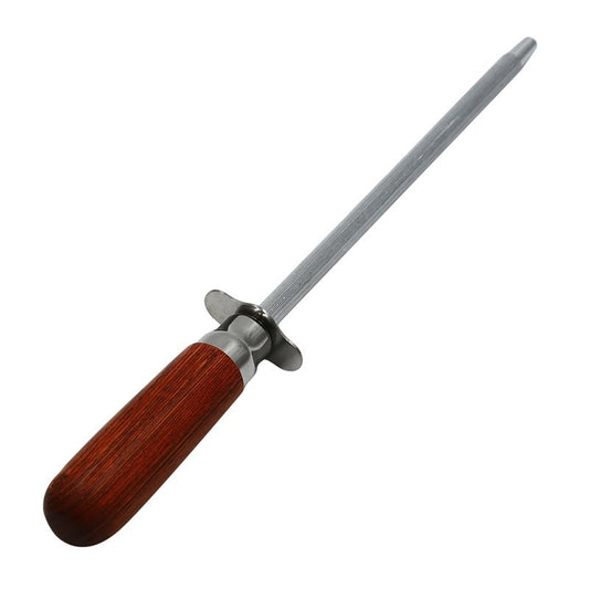 A steel honing rod with a wooden handle