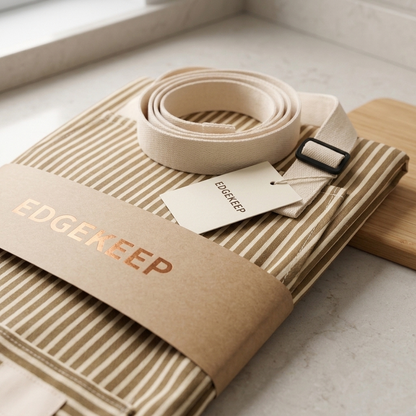 Close-up of the folded striped apron with its Edgekeep band, hang tag and adjustable cream strap