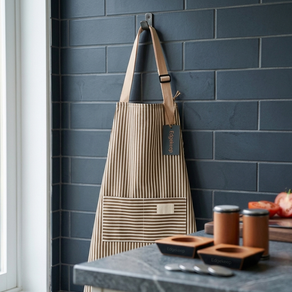 Striped kitchen apron hanging in a kitchen beside Edgekeep