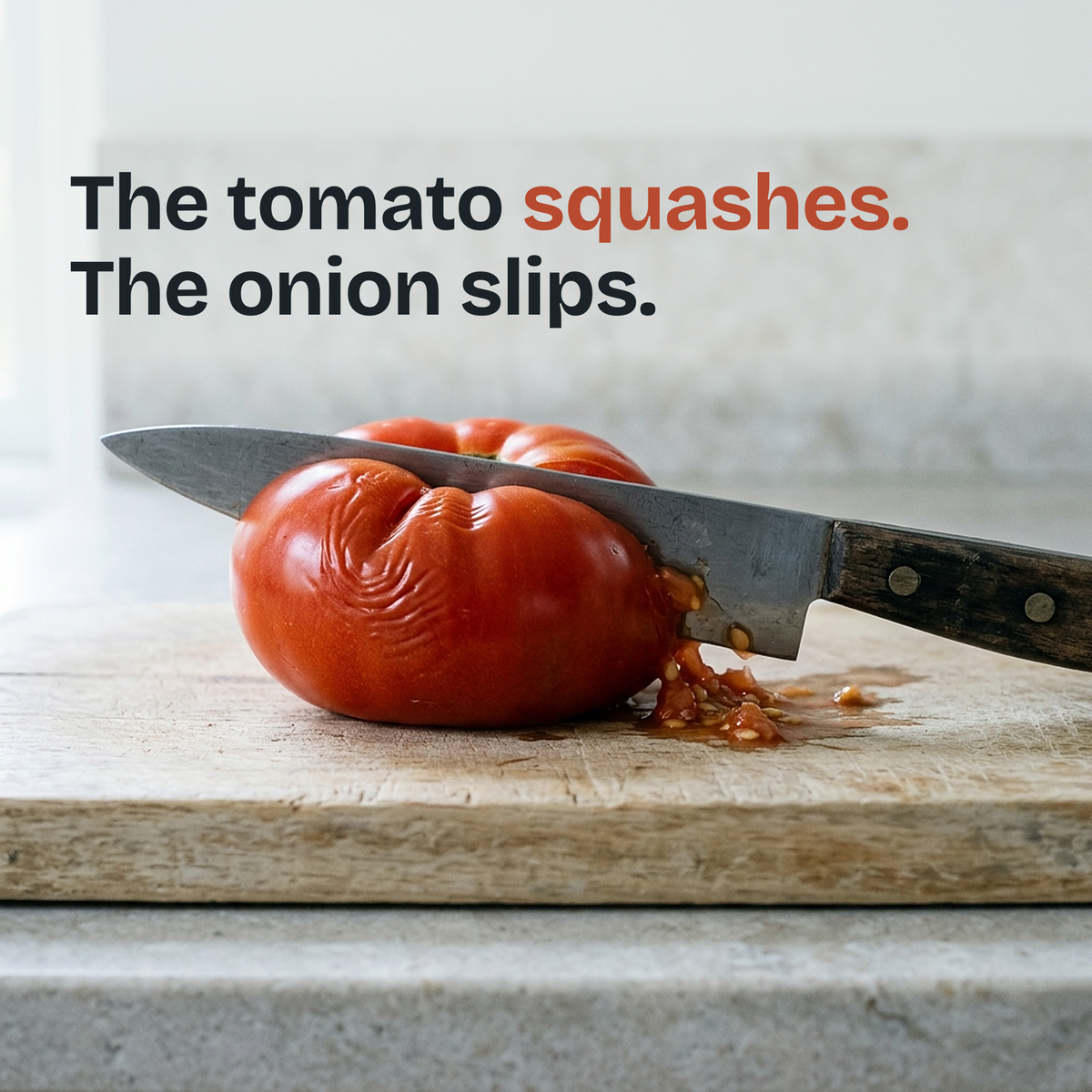 A dull knife squashing a tomato on a cutting board