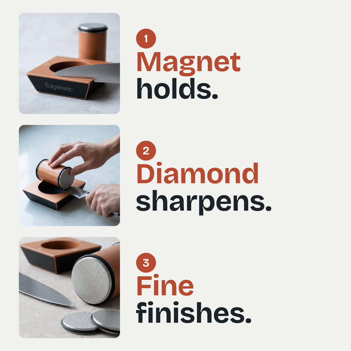 Edgekeep in three steps: knife on the block, coarse diamond disc on the edge, fine 1000-grit disc to finish