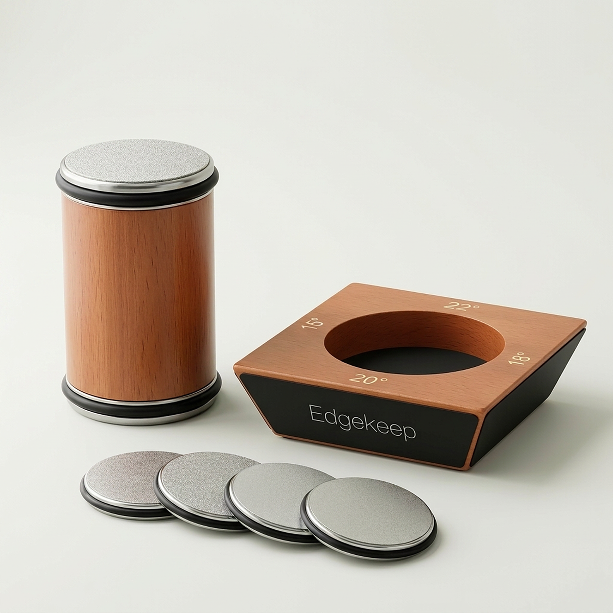 The Edgekeep wooden roller, angle block and four grit discs on a pale background
