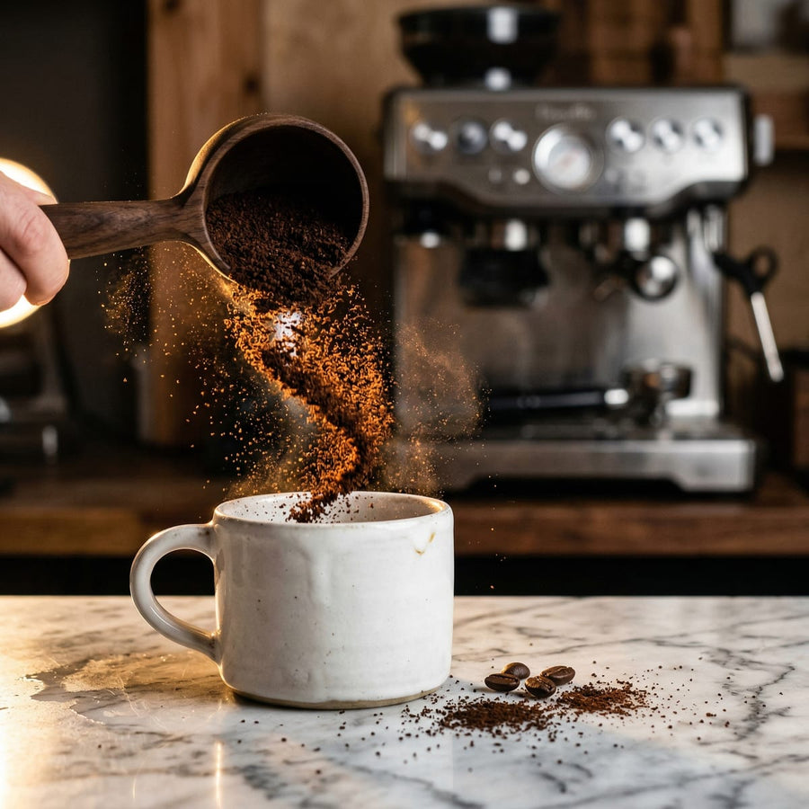 Ground blend poured from a wooden scoop into a white mug.