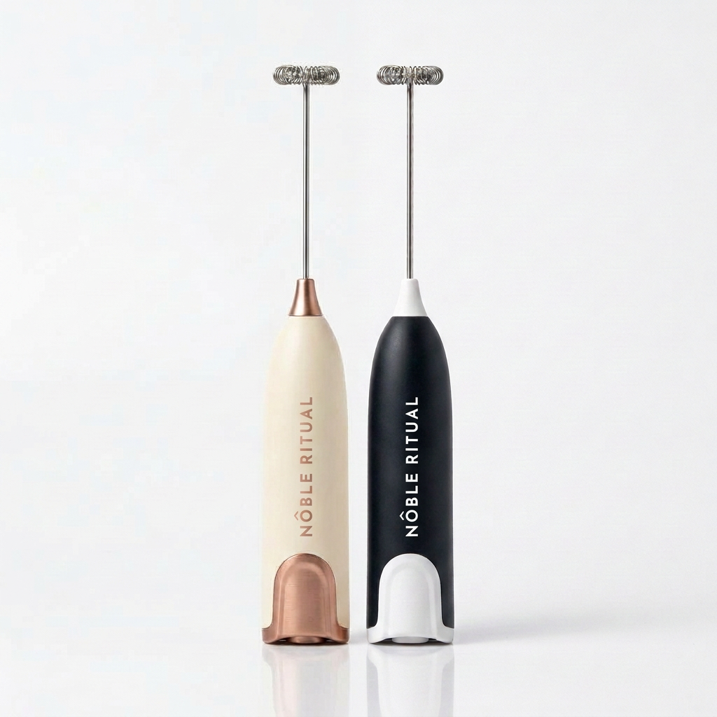 Noble Frothé Set of 2 in Cream & Black: a cream frother with rose-gold collar and base and a black frother with white collar and base, each with a vertical NÔBLE RITUAL wordmark and a coiled steel whisk