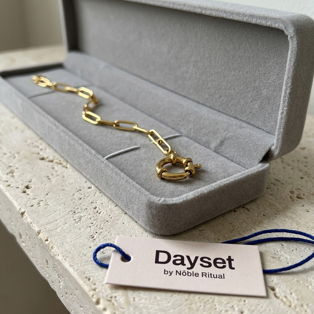 Close up of the grey flannel gift box with a gold-coloured bracelet clasp in the tray and a Dayset hang tag on the shelf