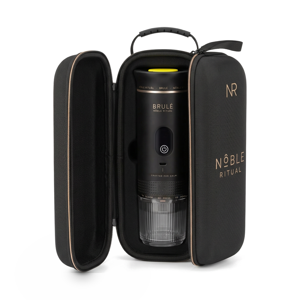 Noble Voyage espresso travel case, open, holding the Noble Brulé portable espresso maker, on a white background