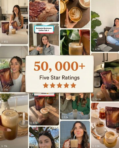 A wall of customer videos and photos of people making Noble Ritual mushroom coffee at home, centred on a card reading 50,000+ five star ratings