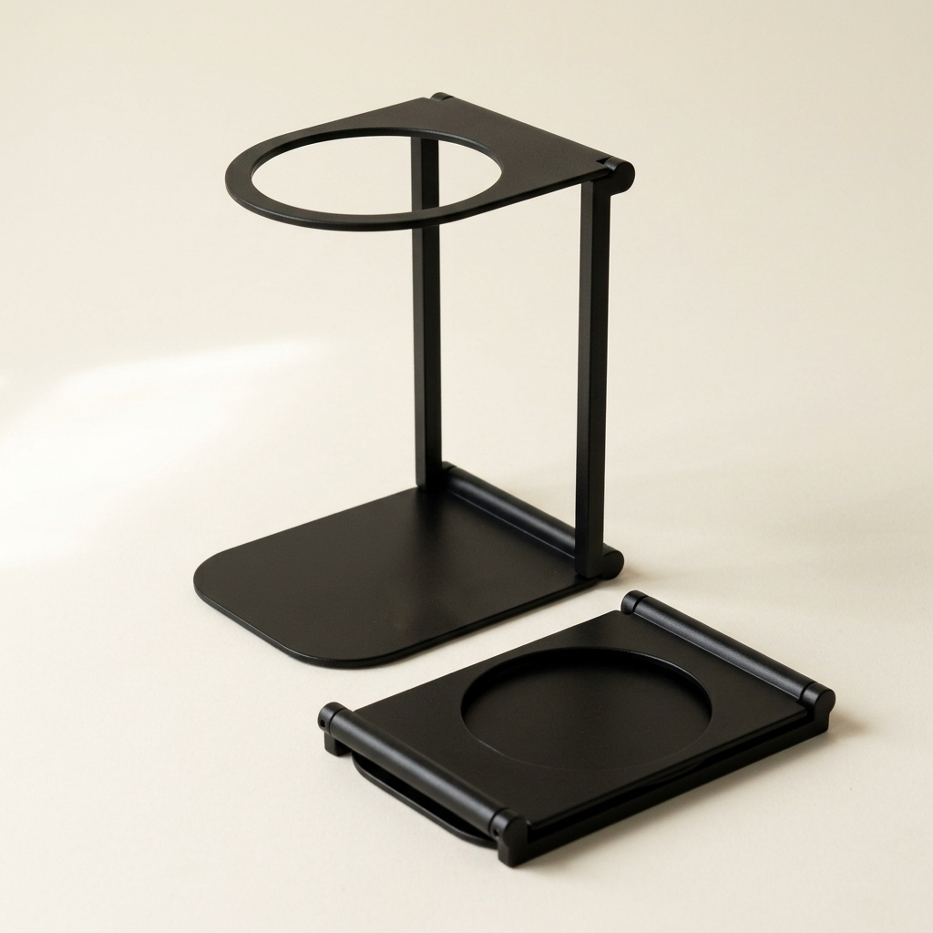 Noble Perche foldable espresso stand in matte black, standing open beside a second one folded flat