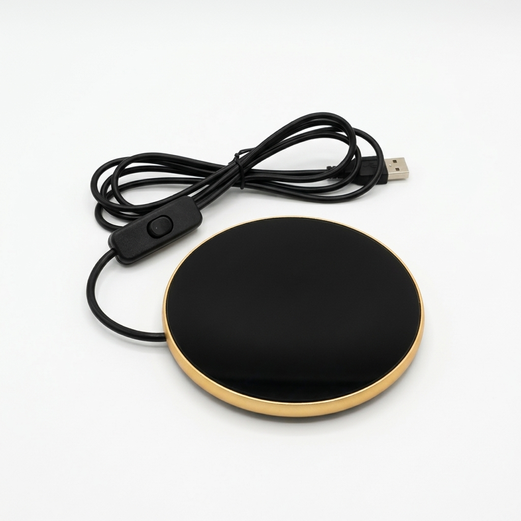 The Ritual Warming Plate, black glass top with gold rim, inline cable switch and USB cable