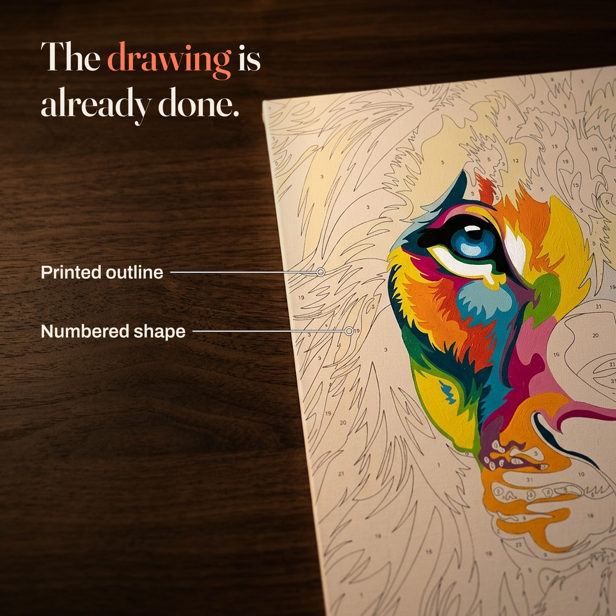The drawing is already done. An illustration of a printed canvas outline with numbered shapes and the lion's eye partly painted in