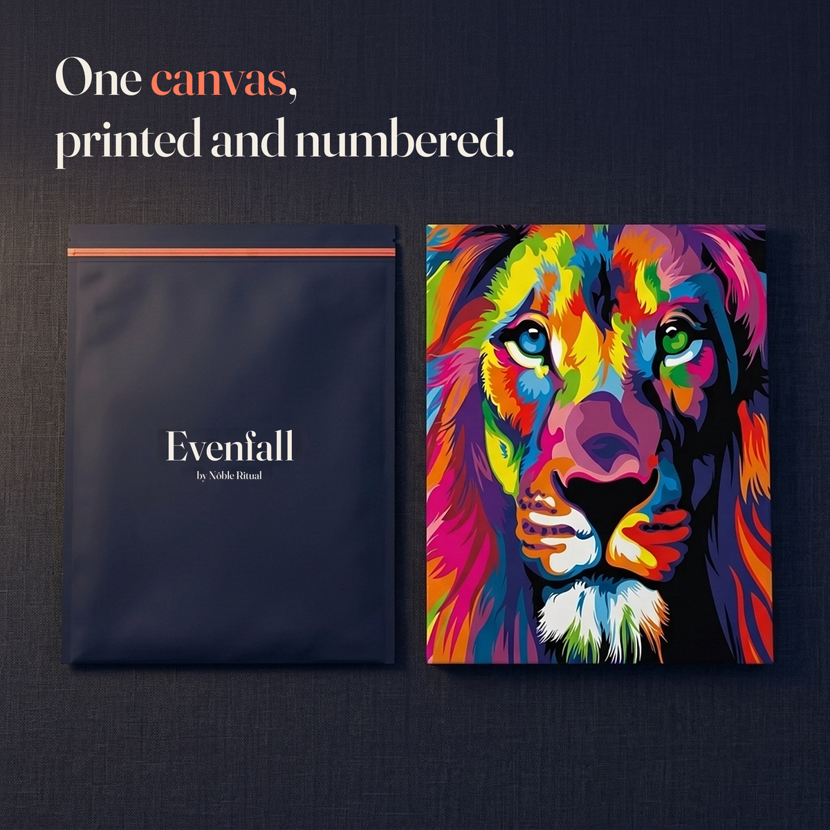 One canvas, printed and numbered. The lion canvas beside its bag on dark linen