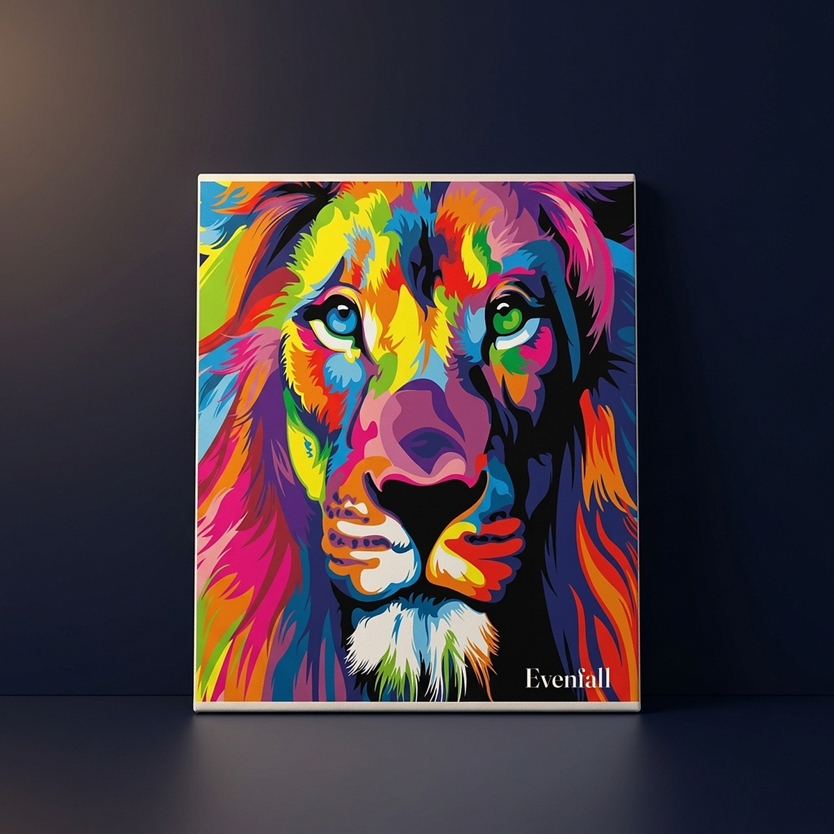 An illustration: the lion canvas outline filling with colour, one shape at a time