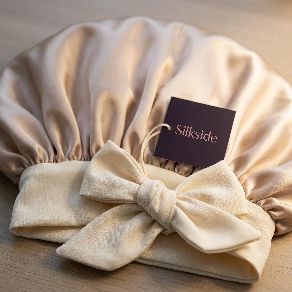 Close-up of the satin sleep cap, its cream band tied in a bow, with a Silkside hang tag