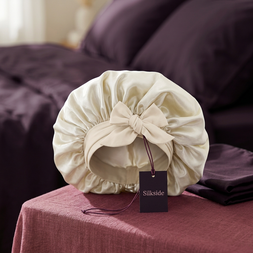Satin sleep cap beside a Silkside pillowcase