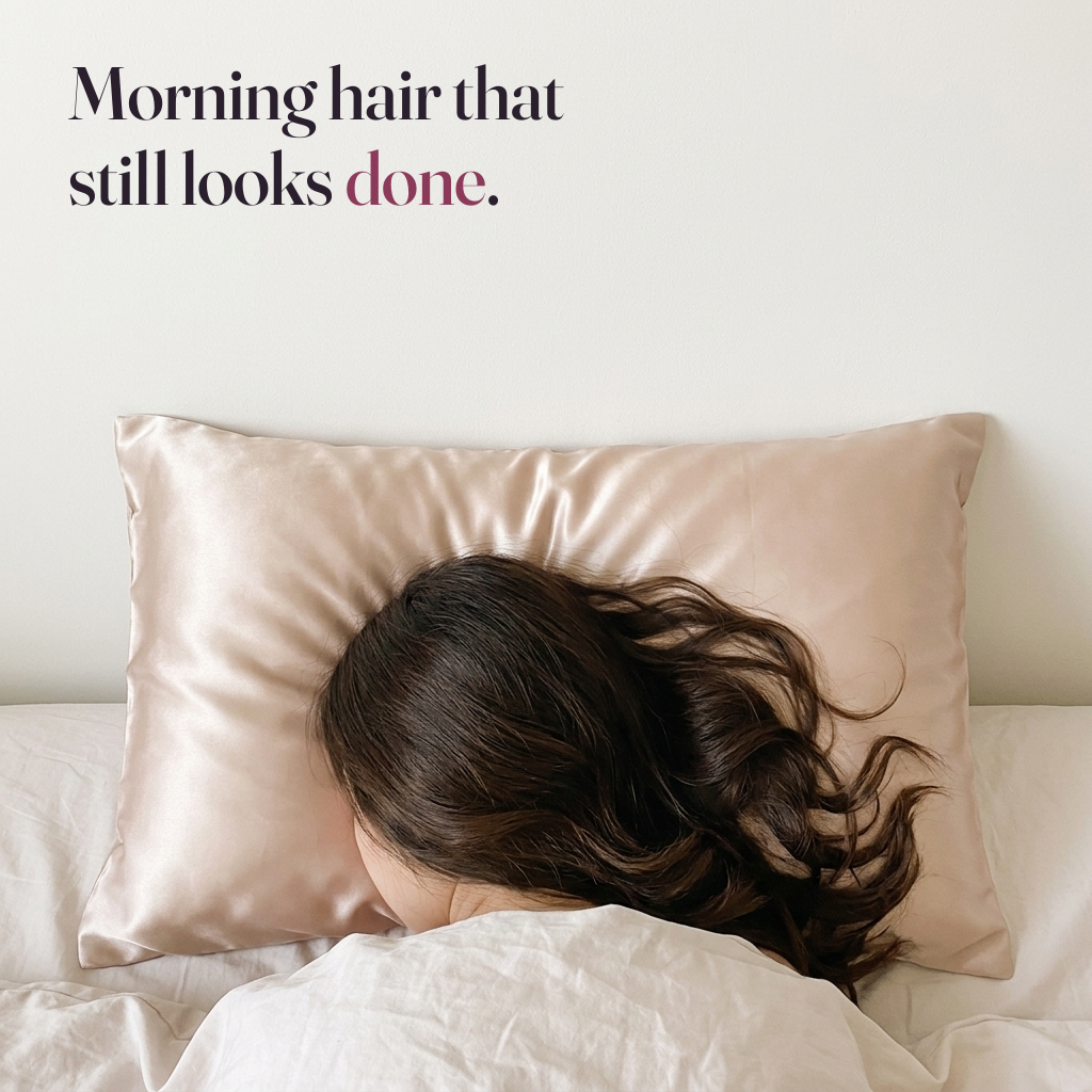 Morning hair that still looks done. The back of a woman's head with smooth dark hair on a champagne mulberry silk pillowcase