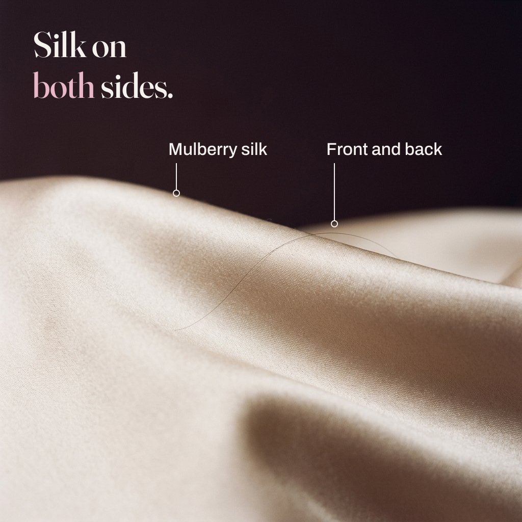 Silk on both sides. Close-up of champagne mulberry silk folded over itself, with callouts for mulberry silk and front and back