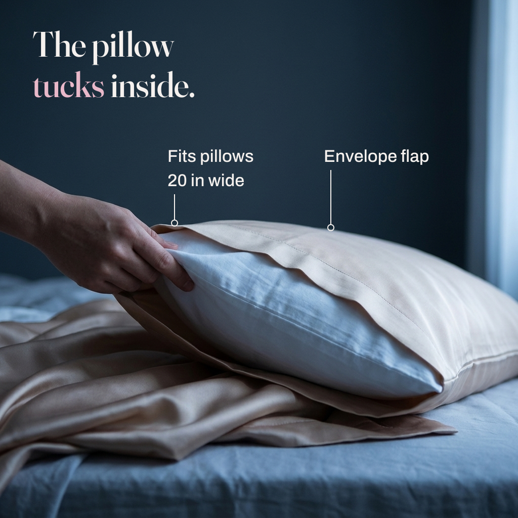 The pillow tucks inside. A hand slides a white pillow into the envelope end of a champagne silk pillowcase