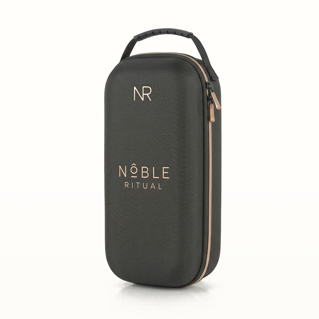 Noble Voyage espresso travel case, closed, with the NR mark and copper zip